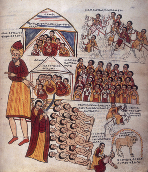 King Herod I the Great (73 BC-4 BC) ordered the massacre of the Innocents (Jewish children). Miniature taken from “Miracles of the Virgin Mary”, Ethiopian manuscript, 1632-1637.