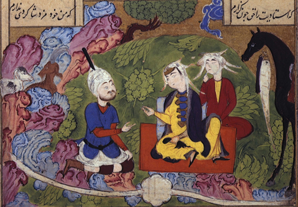 Shirin and Farhad and the stream of milk, c1505. Shirin, seated on a mat and attended by a maid, converses with Farhad. Shirin, who enjoyed drinking milk, asked stonemason Farhad to dig a channel, so that a stream of milk could flow from the pastures to her palace. Persian miniature painting from a sixteenth century manuscript of the Khamsa (Five Poems) of Nizami.
