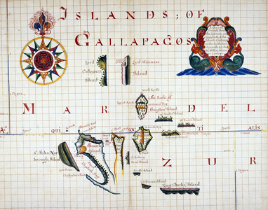 A map of the Galapagos Islands. By William Ambrose Cowley, who drew up the first basic navigational charts in 1684.