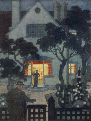 Husband arriving home from work, 1913. A traditional husband and wife at their home: the husband, back from work, is about to open the gate, while his wife stands in the doorway to welcome him. By Edward W Gregory