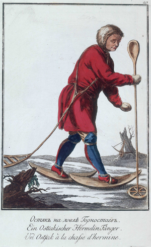 An Ostyak hunting ermine, 1776. The Ostyak are Finno-Ugric people inhabiting western Siberia. Plate 23 from "Beschreibung aller Nationen des russischen Reichs, ihrer Lebensart, Religion, Gebräuche, Wohnungen, Kleidungen und übrigen Merkwürdigkeiten", a work on the customs and beliefs of the Russians, by Johann Gottlieb Georgi. (St Petersburg, 1776).
