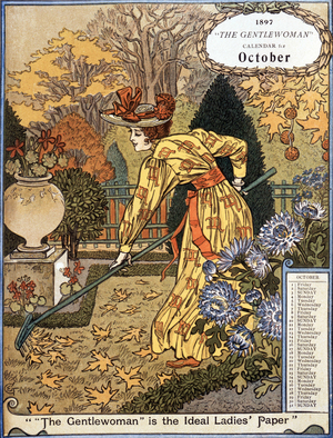 Gentlewoman calendar representing the perfect women: month of October 1897. A woman buries dead leaves in a garden with a rake. In “The Gentlewoman”, a newspaper published between 1890 and 1926.