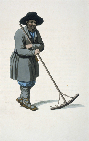 Man in traditional Russian costume with a rake. He is wearing a hat and his shoes are laced at the ankles. In “Costumes of the Russian Empire illustrated by a series of 73 prints”, William Alexander, 1803.