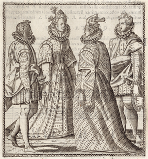 Hirsch I 429 p.118 Two couples dancing, from 'Nuove Inventione' written by Cesare Negri, engraved by Leone Pallavicini (fl.c.1590-1616) (engraving)