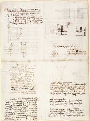 Leonardo da Vinci's notes. Notes and diagram from Notebook of Leonardo da Vinci, early 16th century.