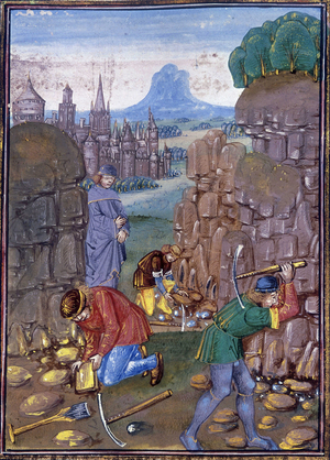 (Miniature) Miners working at a quarry. From Des Proprietez des Choses (Volume II). Bartholomaeus Anglicus, author: Corbechon, Jean, translator. Illustration by Du Ries, Jean, scribe. S. Netherlands (Bruges), 1482