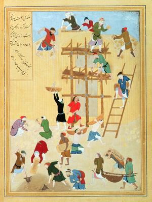 Or.6810 f.154v The building of the palace of Khavarnak for Na'man, who was the guardian of the young Bahram Gur, Persian, 1494-5