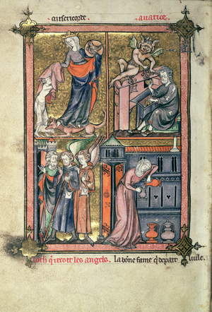 Add 54180 f.136b Mercy and Avarice, Lot and the Angels; the Widow and her oil, from 'La Somme le Roy' by Frere Laurent, illuminated by Maitre Honore (vellum)