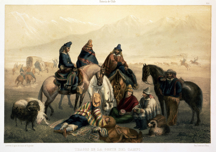 'Trages de la Gente del Campo', 1854. Costumes of country people: a group of Chilean men and women wearing ponchos or blankets, some on horseback, others sitting or lying on the ground. ""Historia fisica y politica de Chile..."" by Claudio Gay, 1854.
