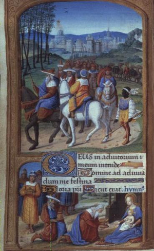 Yates Thompson 5 f.48v Adoration of the Magi, from the Tilliot Hours, Tours (vellum) (detail of 20292)
