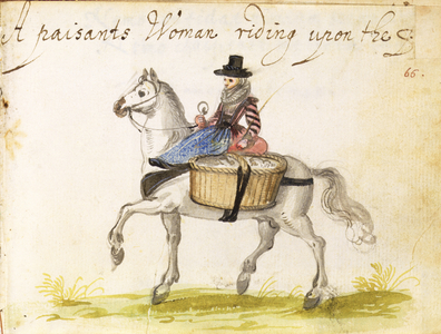 Egerton 1269 f.65 Woman riding her horse to market, from the Album Amicorum, by Moyses Walens, Cologne, 1605-15
