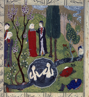 The owner watches nymphs bathing in the pool in his garden, 1505 (miniature)