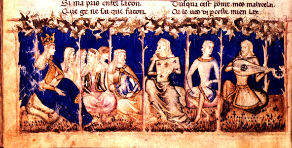 Add.12228 fol.222v A Queen listens to music, from the Roman du Roy Meliadus de Leonnoys, c.1352 (vellum)