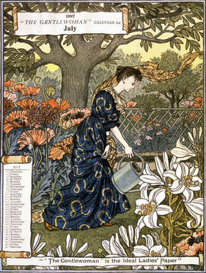 Gentlewoman calendar representing the perfect women: month of July 1897. A woman is watering flowers in a flowery park. In “The Gentlewoman”, a newspaper published between 1890 and 1926.