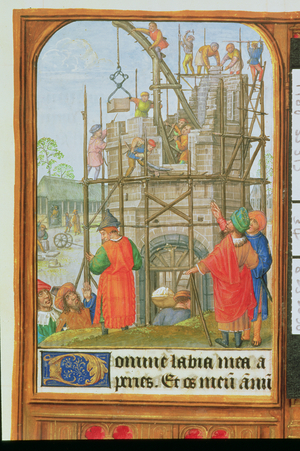 Add 35313 f.34 The building of the Tower of Babel, Bruges or Ghent, c.1500 (vellum)