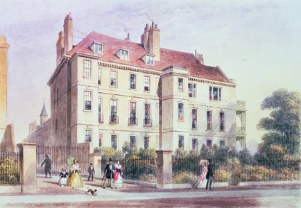 Entrance to Queen Square from the Park, with a view of Jeremy Bentham's House, 1851