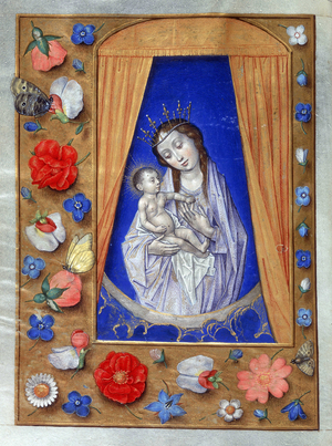 Madonna and Child, Prayers for the Virgin, border decorated with a trombole. In “Hastings Hours”, Belgium (Bruges or Ghent), around 1480