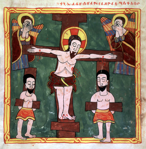 Scenes from the life of Christ and the Apostles, 1744. In this scene Christ is on the cross with two others, also on crosses whilst angels look on with apprehension at the top. From the Octateuch, entitled Sinodos or Council of the Apostles.