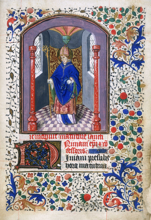 St Ninian, 15th century. St Ninian, Bishop of Whithorn (active c500 AD), with mitre and crozier. Manuscript illustration and text beginning with decorated initial "N" and borders with foliate decoration, from the Hours of St Ninian, a book of hours produced in France [possibly Bourges] in the 15th century, probably for a Scottish lady.