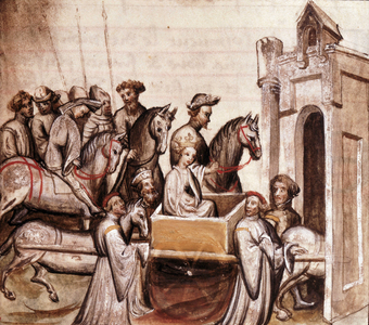 King Charles V of France, accompanied by courtiers, is conveyed on a carriage into Rheims for his coronation, 1410-1420 (miniature)