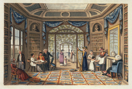 Interior of a house with a conservatory in the background. By Humphry Repton, 1816.