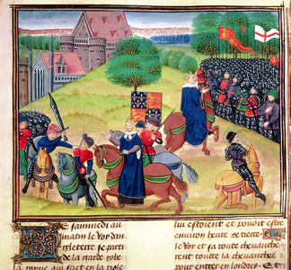 Royal 18 E.1, f.175 The death of Wat Tyler at Smithfield, London, in 1381 during the Peasants' Revolt, illustration from 'Chroniques de France et d'Angleterre', by Jean Froissart, c.1460-80 (vellum)