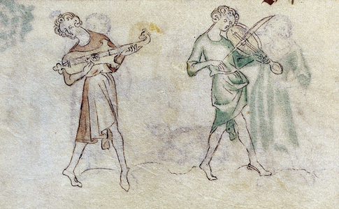 Two musicians with guitar and fiddle, c1310-c1320. From the Queen Mary psalter.