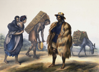 Three Mexicans including a woman carrying a child. Illustration taken from “Picturesque and archaeological journey to the most interesting part of Mexico” by Alexander Von Humboldt (Alexandre de Humboldt, 1769-1859), 1836.