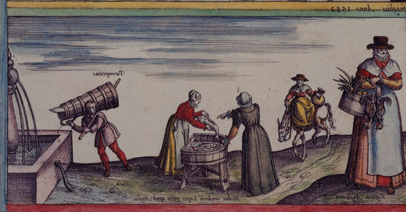 Maps.C.29.e.1 Women cutting fish, from 'Civitates orbis terrarum', c.1623 (vellum)