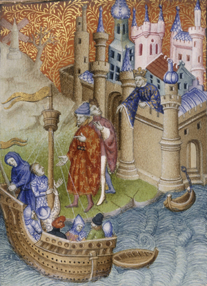Hercules, Jason and the other Argonauts are threatened by King Laomedon of Troy. Collected Works of Christine de Pisan. 1410-1411