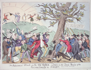 The Reformers' Attack on the Old Rotten Tree, or the Foul Nests of the Cormorants in Danger, satirical cartoon, pub. by E. King, c.1831