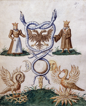 A king and queen with symbolic attributes. Two monarchs, possibly the recipients of the manuscript, with various symbols of longevity. The phoenix is shown on the left moulting and pecking at its breast and on the right rising from the flames triumphantly. The sun and moon, ever present, represent eternity as do the intertwined snakes. From a collection of treatises and poems on alchemy and the philosopher's stone, which was believed to bestow on its possessor the power of eternal life.