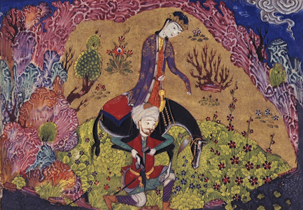 Farhad carrying Shirin and her horse in a landscape framed by rocks. A miniature painting from a sixteenth century manuscript of the Khamsa ('Five Poems') of Nizami. 1505