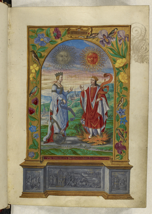 Ms Harley 3469 f.10 Miniature of a King and Queen bearing scrolls, from 'Splendor Solis' by Salomon Trismosin, 1582 (vellum)