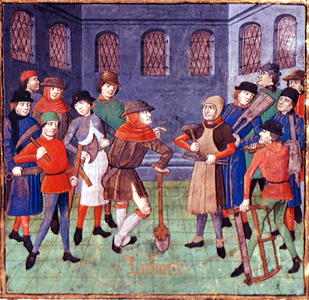 Add 18750 fol.3 Workmen with tools, detail from dedicatory prologue to the Duc de Berry in 'Des cas des nobles hommes' by Giovanni Boccaccio, translated by Laurent de Premierfait, c.1480 (vellum)