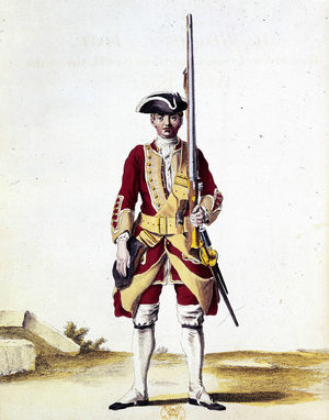 One of the Royal Guard, 1742. Guard from the royal household. From " A representation of the Clothing of his Majesty's Household...". (London, 1742). The British Library