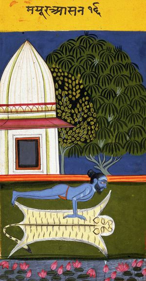 A yogi exercising, c1700-c1799. A blue yogi clad in a loincloth performs a handstand on a tiger skin.