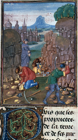 Miners working at a quarry, Minature and Text. Text beginning with decorated initial 'P'. From "Des Proprietez des Choses, Volume II". (Bruges, 1482)