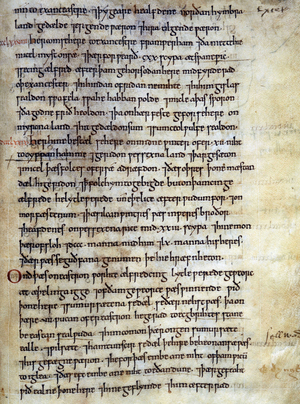 Chronicle of 1050, handwritten page in Anglo-Saxon script. In the Anglo-Saxon Chronicle, 1079