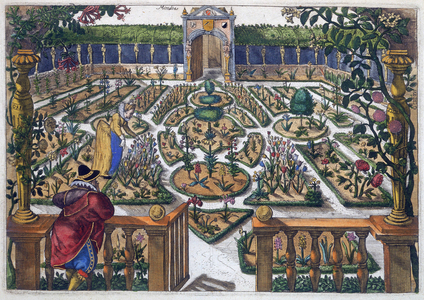 Formal garden, 1615. A man and woman in Jacobean dress in a flower garden laid out in symmetrical beds.
