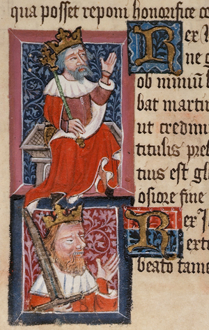 Representation des rois Richard Ier Coeur de Lion (1157-1199) et le roi Jean sans Terre (1166-1216), bienfaiteurs de l'abbaye de saint Albans. Miniature tiree de ""Le livre d'Or de saint Albans"" par Thomas Walsingham, illustre par Alan Strayler. 1380 The British Library  Institution Reference: Shelfmark ID: Cotton Nero D. VII Folio No 5v Royal benefactors of St Albans, 1380. Miniatures of King Richard I and King John, royal benefactors of St Albans Abbey. From the ""Golden Book of St Albans"" by Thomas Walsingham and William de Wylum. (St Albans, 1380).