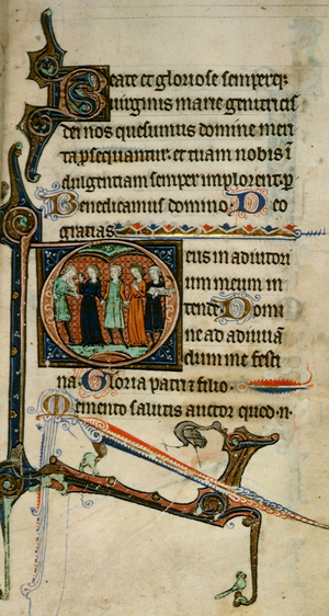 Egerton 1151 fol.47 Inhabited initial 'D' with musicians, from the 'Egerton Hours', c.1260-70 (vellum)