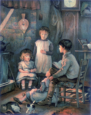 A young boy tells a story to his three little sisters, sitting by a fireplace. In “Daisy Days.... with poems by E Nesbit, etc., etc.” by Agnes M Clausen, London-Nuremberg, 1888