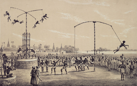 Crowds of spectators admiring the performances of acrobats during a Churuk Pouja (Pooja): this is a Hindu religious ritual in homage to the gods. Illustration taken from “Wanderings of a Pilgrim in search of the picturesque during four & twenty years in the East; with revelations of life in the Zenana”, Fanny Parks, 1850.