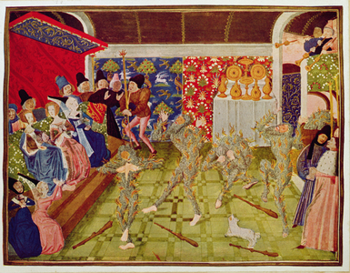Harl 4380 fol.1 The Bal des Ardents, 28th January 1393, from 'Froissart's Chronicle', 1470-75 (vellum)