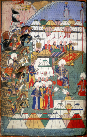 Lala Mustafa Pasha in his Encampment after his Victory at Kars, illustration from the 'Nusretname', an account of the Turkish conquest of Georgia in 1578 by Gelibolulu Mustafa Ali, 1582 (gouache on paper)