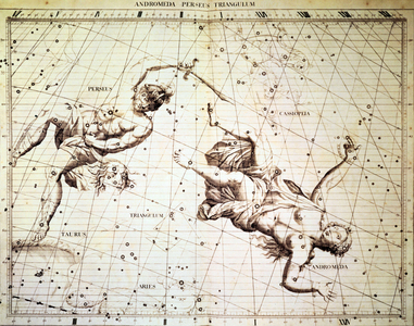 The star constellations Perseus and Andromeda, 1729. Perseus is holding the head of Medusa, the gorgon From ""Atlas Coelestis"" by John Flamsteed, the astronomer royal.