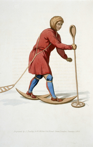 Man in traditional Khanty costume (Khante or Ostiak) chasing the Hermine. The Khanty are Finno-Ugric people living in western Siberia. In “Costumes of the Russian Empire illustrated by a series of 73 prints”, William Alexander, 1803.