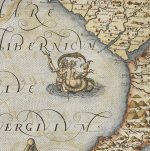 Detail of Neptune, from "Atlas of England of Wales", 1579, by Christopher Saxton (c.1542-c.1610) (Caernarvon and Anglesey)