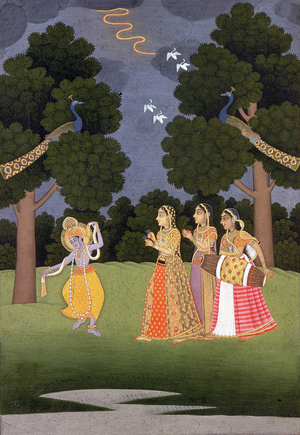 Megha Raga: Krishna dances in a clearing to the rhythm of three female musicians, around 1760
